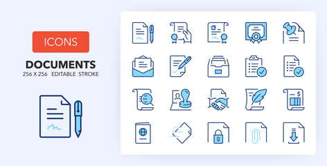Line icons about documents. Contains such icons as agreement, contract, checklist and more. 256x256 Pixel Perfect editable in two colors