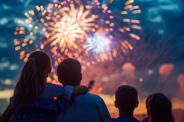 A vibrant photo of a family watching the fireworks from a rooftop, with the cityscape and fireworks creating a stunning backdrop