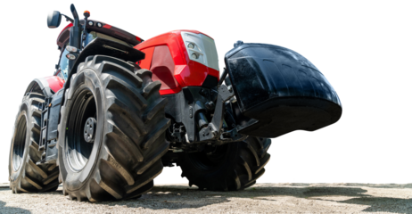 Modern red agricultural tractor bottom view.