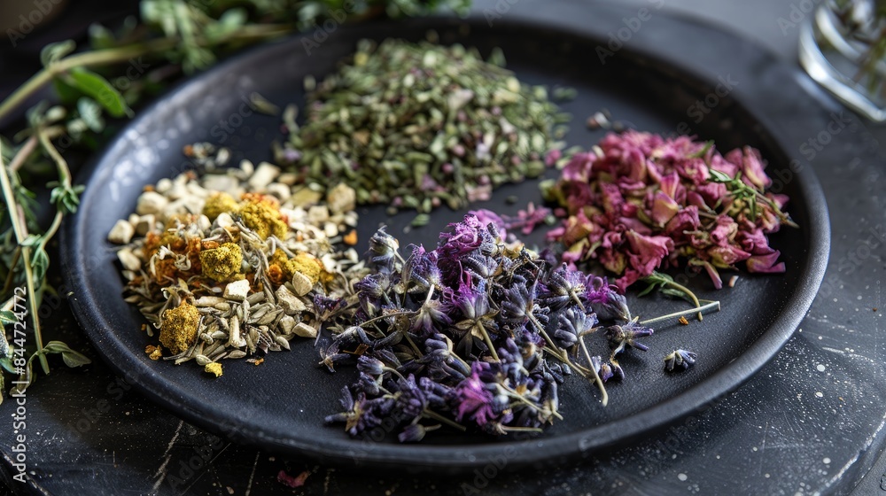 Poster Medicinal dried herb displayed on a black plate