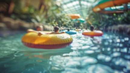 Defocused The hazy view of a family floating lazily on colorful tubes in the lazy river laughter echoing through the cavernous indoor water park. .