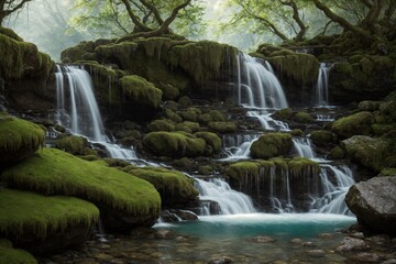 Fototapeta premium A picturesque waterfall cascading down moss covered rocks into a clear pool
