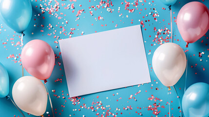 Empty paper mockup on a blue background with confetti and balloons, celebration message