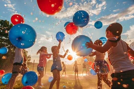 A vibrant photo of children playing with red, white, and blue water balloons at a 4th of July picnic, with the sun setting in the background 