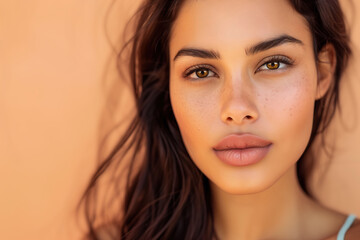 Naklejka premium Beautiful Latinx Woman With Natural Makeup and Freckles