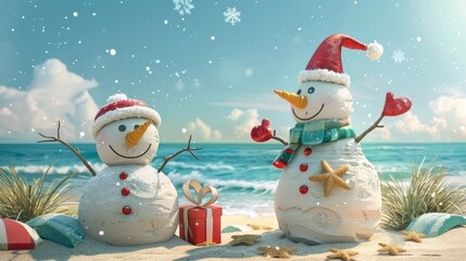 Two snowmen are standing on a beach with a red present in front of them