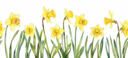 Seamless Horizontal Watercolor daffodil isolated on transparent background
