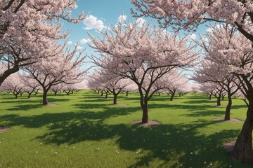 Obraz premium A tranquil orchard with blossoming fruit trees and soft sunlight