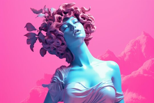 Artistic rendering of a classical statue bust with vibrant pink and blue hues against a dreamy backdrop