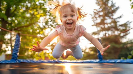 Smiling girl jumping on a trampoline