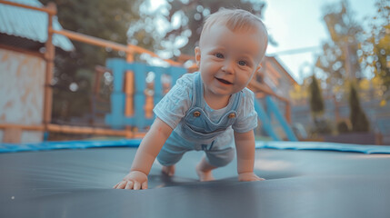 Smiling boy child jumping on a trampoline