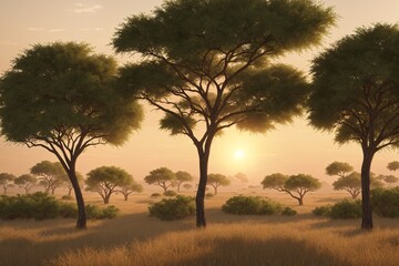 Obraz premium A serene savannah with acacia trees and a golden sunset