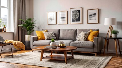 A cozy living room with a comfortable sofa, a stylish coffee table, and a soft rug.