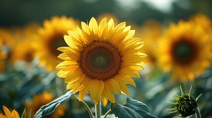 Fototapeta premium A breathtaking field of sunflowers in full bloom, with their golden petals stretching as far as the eye can see, capturing the beauty 