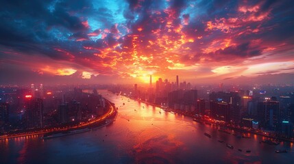 A breathtaking aerial view of a city skyline at twilight, with shimmering lights and a dusky sky, showcasing the grandeur 