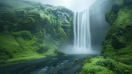 A breathtaking waterfall cascading down rugged cliffs, surrounded by lush greenery and misty air
