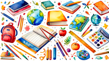 Artistic School Essentials in Watercolor Watercolor Illustration of School Supplies With a Drawing of a School Building. Generative AI
