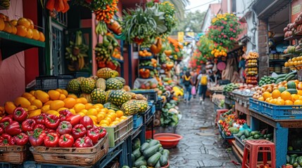A lively street market, with vibrant stalls filled with fresh produce, colorful textiles, and bustling crowds