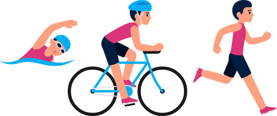 Triathlon activity: swimming, cycling, running. Young man competing in race. Simple flat cartoon style illustration set.