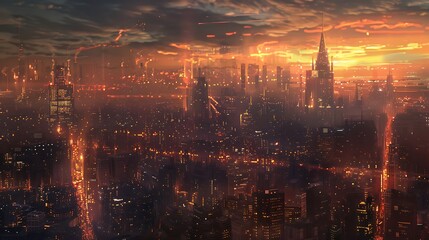 Obraz premium Twilight Over the City A captivating cityscape bathed in the warm glow of twilight with skyscrapers reaching towards the darkening sky