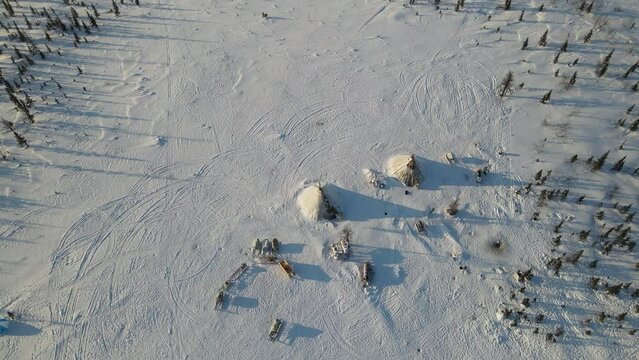 Nenets chum tundra in winter drone view