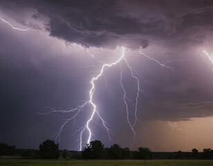Un fulmine biforcato esplode dalle nuvole, creando un'immagine mozzafiato nel mezzo della notte.
