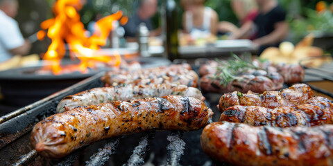 Grilled Sausages on BBQ with Friends Enjoying a Summer Party