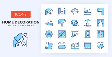 Line icons about home decoration and renovation. Contains such icons as wallpaper, illumination, flooring and more. 256x256 Pixel Perfect editable in two colors