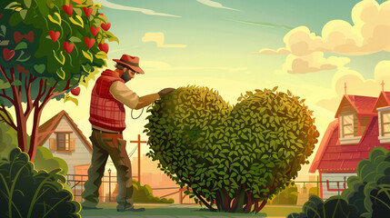 A man is cutting a hedge into a heart shape. The image has a playful and whimsical mood, as it is not a typical scene to see a man cutting a hedge into a heart shape