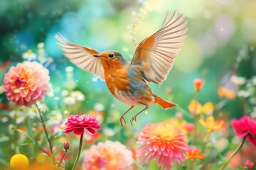 Fototapeta premium Robin in a garden of flowers