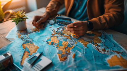 Person Planning Travel Using World Map and Credit Card