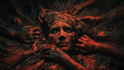 Face of a man sinking further into turmoil and chaos with hopelessness reaching for his mind and dragging him down as he gives in to despair.