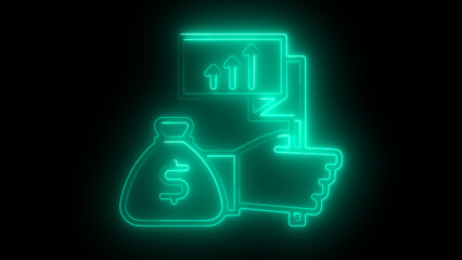 Neon Economic Growth Icon - Illuminated Dollar Bag and Upward Chart Symbol
