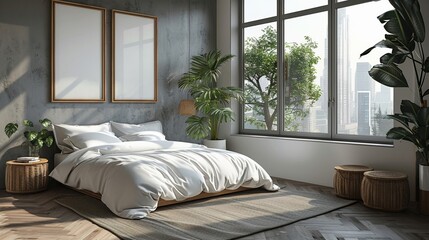 Minimalist bedroom neutral colors comfy bed three blank frames on wall light wood nightstand airy atmosphere