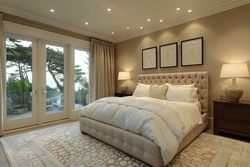Minimalist bedroom beige and white color scheme three blank frames comfy bedding airy feel