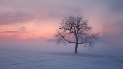 Fototapeta premium Chilly fog and lifeless tree on a winter dawn