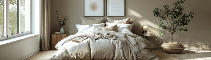 Minimalist bedroom beige and white color scheme three blank frames comfy bedding airy feel