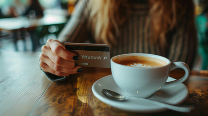 Close up of a woman's hands as she holds a credit card, paying for a coffee at a cozy cafe setting