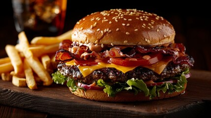 Juicy burger with fresh toppings, ideal for restaurant menus and fast food promotions