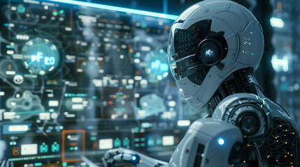 Fototapeta premium Close-up shot of a white, advanced robot with a sleek, humanoid design. The robot is interacting with a data interface, showcasing the future of Artificial Intelligence (AI)