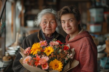 A smiling elderly woman stands with her grandson with a bouquet of flowers on the background of the kitchen