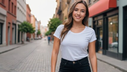 Fototapeta premium Young woman wearing white t-shirt and black jeans standing on cityscape background