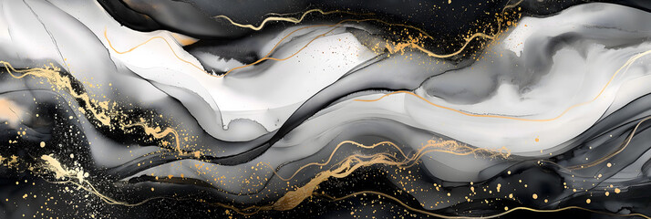 Obraz premium Abstract Black and White Fluid Art with Gold Accents