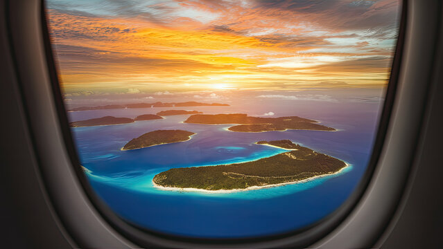 Fototapeta Photo of indoor to outdoor plane window to see down paradisiac islands