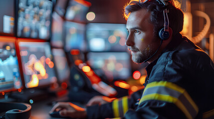 A firefighter is seated at a desk with numerous monitors, actively monitoring emergency situations and dispatch calls