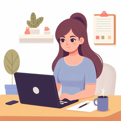 Illustration in flat style of woman working on laptop from home. Home office concept, student or freelancer. 