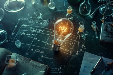 Overhead shot of the idea bulb on a bench amidst scientific equipment, beakers, and complex formulas on a chalkboard. Highlighting the intersection of creativity and scientific exploration.
