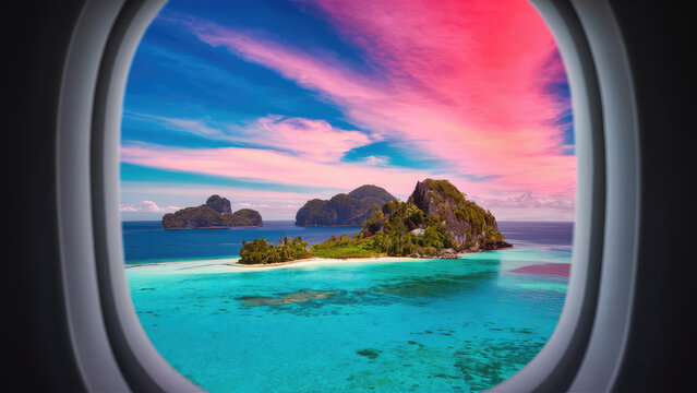Fototapeta Photo of indoor to outdoor plane window to see down paradisiac islands