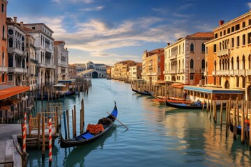 Tranquil scene of a gondola on the grand canal with rialto bridge at sunset in venice