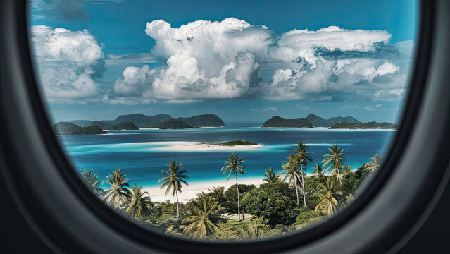 Fototapeta Photo of indoor to outdoor plane window to see down paradisiac islands